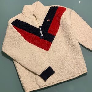 Tommy Hilfiger Sherpa-Like Oversized Pullover Mock Zippered Neck Sweater Retro